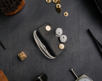 Black Leather Cable Wrap Organiser | Headphone Earphone Organizer Wrap |  Cord Organiser | Perfect Annivesary Gift + Free Embossing Service