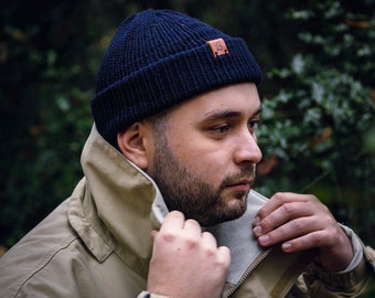 Navy Blue Wooly Beanie Hat for men or women that&#39;s been hand-crafted in the UK.