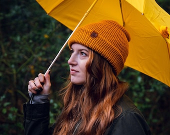 Hand-crafted Slack fit Wooly Hat. Super soft comfortable Burnt Mustard over-sized wooly hat for men or women that's hand-crafted in the UK.