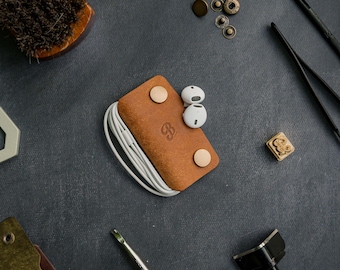 Tan Leather Cable Wrap Organiser | Headphone & Earphone Organizer Wrap |  Cord Organiser | Perfect Annivesary Gift + Free Embossing Service