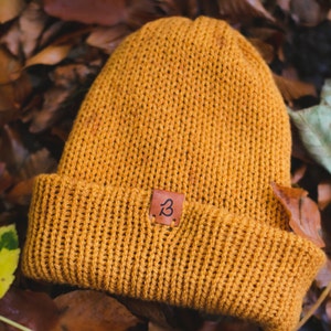 Yellow Beanie Hat. Super soft & comfortable Burnt Mustard yellow wooly beanie for men or women that's been hand-crafted in the UK. image 3