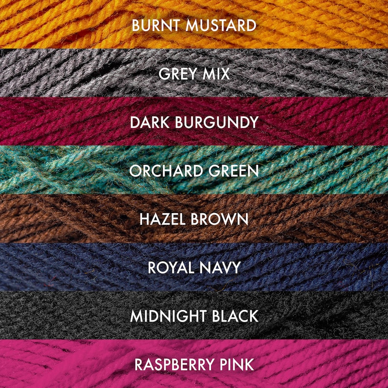 May include: A collection of yarn skeins in various colors, including burnt mustard, grey mix, dark burgundy, orchard green, hazel brown, royal navy, midnight black, and raspberry pink.