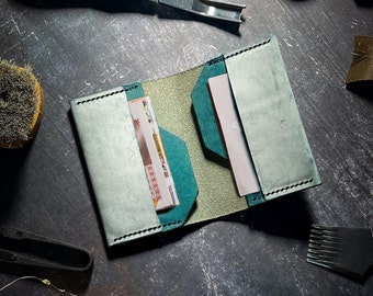 Ghost Teal Leather Wallet. Minimalist leather cardholder - Handmade wallet with genuine Italian leather. Unisex design. Guaranteed for Life