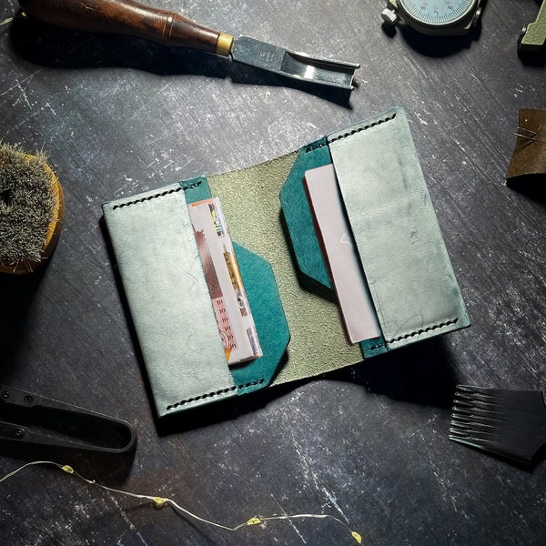 Ghost Teal Leather Wallet. Minimalist leather cardholder - Handmade wallet with genuine Italian leather. Unisex design. Guaranteed for Life