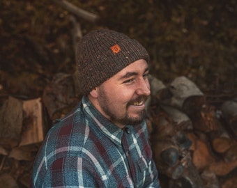 Hand-crafted Chestnut Tweed Wooly Beanie Hat. Super warm and limited edition beanie that's hand made in the UK.