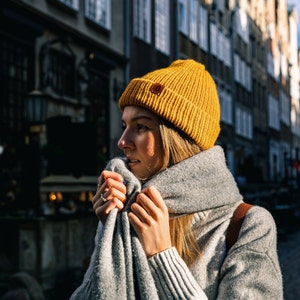 Yellow Beanie Hat. Super soft & comfortable Burnt Mustard yellow wooly beanie for men or women that's been hand-crafted in the UK. image 1