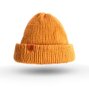 Yellow Beanie Hat. Super soft & comfortable Burnt Mustard yellow wooly beanie for men or women that's been hand-crafted in the UK. image 5