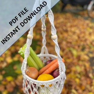 Macrame Hanging Vegetable Basket Pattern, Instant Digital download of Written PDF with photos, Basic/Intermediate DIY Macrame Pattern image 1