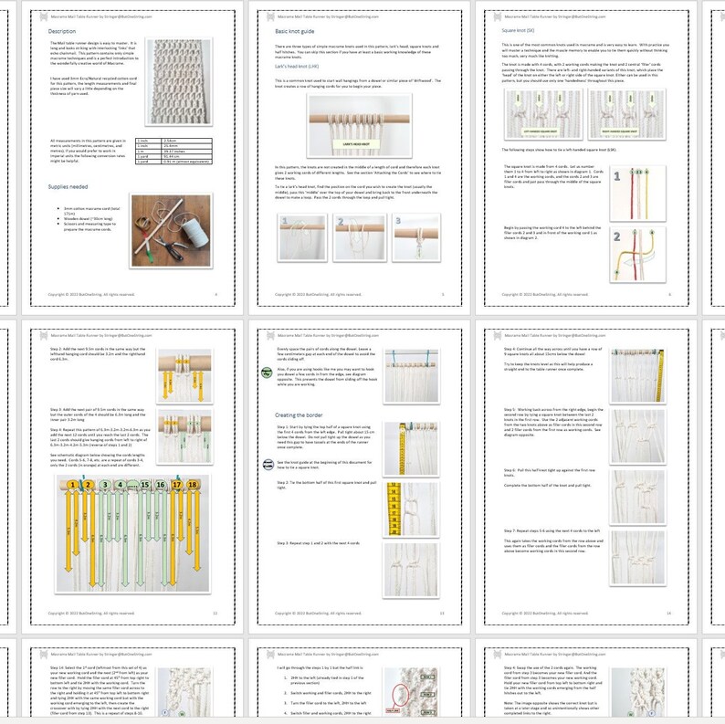 Pode incluir: Um guia passo a passo para criar uma parede de macram&eacute;. O guia inclui instru&ccedil;&otilde;es para criar o n&oacute; b&aacute;sico, criar a borda e adicionar a franja. O guia &eacute; ilustrado com fotos de cada passo.