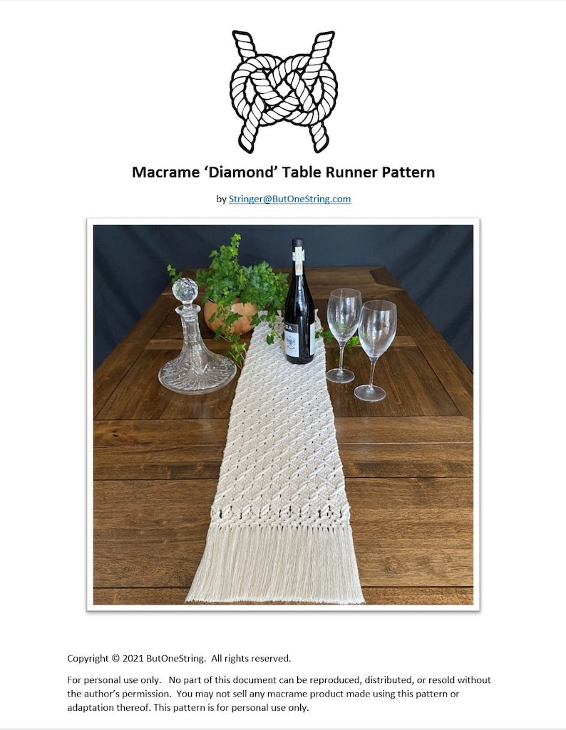 Macrame 'Diamond' Table Runner Pattern, Téléchargement numérique instantané du PDF écrit avec des photos de ButOneString, DIY Macrame Pattern image 3