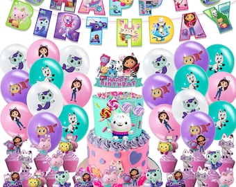 47 pièces Gabby's, décorations de fête pour maison de poupée, bannière d'anniversaire, décorations de cupcakes, ballons, articles de fête pour décoration d'anniversaire d'enfants