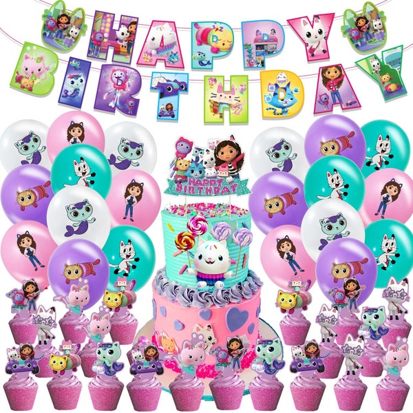 47Pcs Gabby's dollhouse party decorations, birthday banner, Cupcake toppers, balloons, party supplies for kids birthday decor