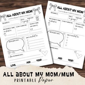Imprimível para o Dia das Mães, Tudo sobre minha mãe, Cartão-presente para a mãe, Página de atividades, Colorir, Tesouro de lembrança, Download digital instantâneo