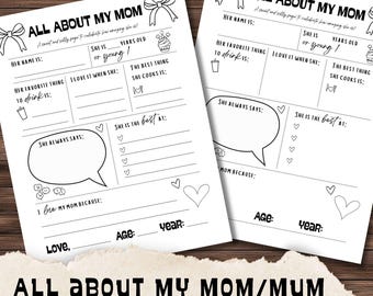 Mother's Day Printable, All About My Mum, Gift Card for Mom, Activity Page, Coloring In, Keepsake Treasure, Instant Digital Download
