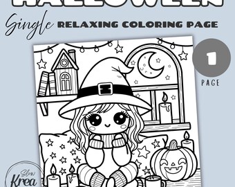 Halloween Witch Coloring Page, Instant Digital Download PDF, Bold and Easy, Cozy & Relaxing for Adults and Children