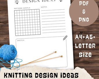 Knitting Project Design Ideas Page, Organizer Tracker Journal & Planner Template Yarn Addict Minimalistic Printable Instant Digital Download