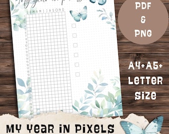 My Year in Pixels Printable Calendar, Tracking Planner, Monthly & Yearly Floral Dot Life Planner, PDF and PNG, Instant Digital Download