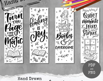 Hand Drawn Coloring Printable Bookmarks, Lettering and doodles, Reading Gift, Peaceful Slow Living DIY, Digital Download