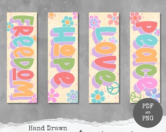 Flower Power Printable Bookmarks, Handdrawn Hippie style, Colorful Bright Peace and Love, 60'es, Lettering, Booklover Gift, Digital Download