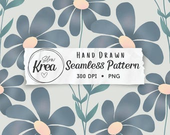 Flower & Leaves Blue Pastel Seamless Pattern Design 300 DPI PNG Download Hand Drawn Repeating Tileable Digital Journal Scrapbook Fabric