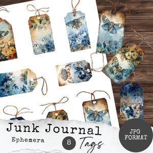 Druckbares Junk Journal Tags, Vintage botanische Motte, alte Papierästhetik, blau & hellbraun Aquarell, Scrapbooking, Journaling, digitaler Download