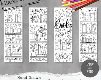 Hand Drawn Coloring Bookshelf Printable Bookmarks, Lettering & doodles, Children Fun, Reading Gift, Peaceful Slow DIY, Digital Download