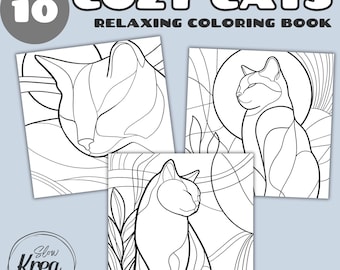 Cozy Cat Coloring Pages, Instant Digital Download PDF, Bold and Easy, Mosaic Nouveau Art Style , Relaxing for Adults and Children