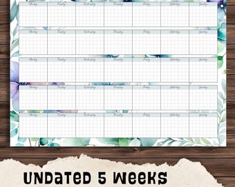 Undated 5 Weeks Calendar Digital, Tracking Content Planner, Weekly and Monthly Floral Planner, Life Planner, Instant Download Printable