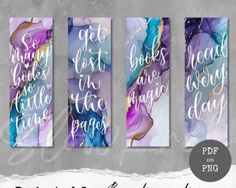 Alcohol Ink Printable Bookmarks, Custom Lettering, Inspirational Quotes, Blue, Purple, Teal & Gold, Booklover Gift, Digital Download