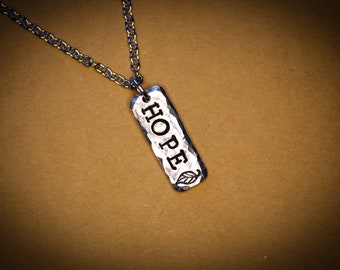 Hand Stamped HOPE Necklace, Pewter Bar, Stainless Steel Chain