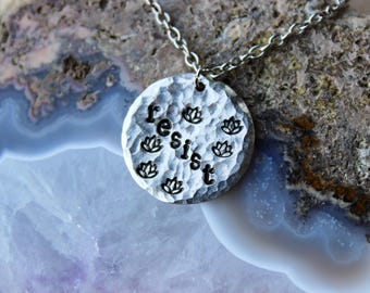 Silver Resist Necklace, Feminist Necklace Hand Stamped With Flowers, Handmade Human Rights Necklace
