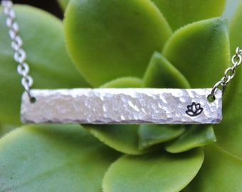 Silver Lotus Flower Bar Necklace Hammered Peace Tranquility Simplicity Yoga Namaste Necklace