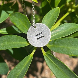May include: A silver necklace with a round pendant featuring two parallel lines. The pendant is hanging against a backdrop of green leaves.