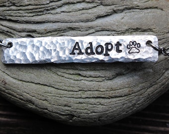 Adopt Silver Hammered Bar Necklace with Paw Print Adopt Don’t Shop Necklace
