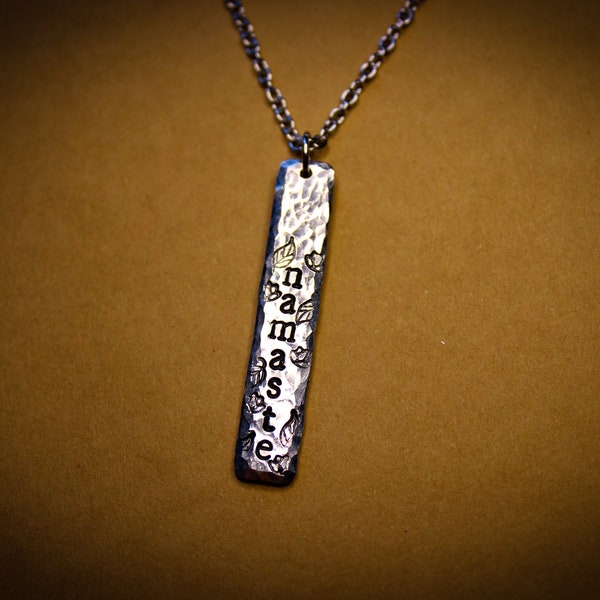 Namaste Silver Hammered Vertical Bar Necklace