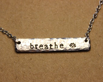 Breathe Silver Hammered Bar Necklace With Lotus Flower Yoga Necklace