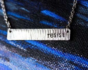 Resist Silver Bar Necklace, Handmade Hammered, Human Rights Jewelry