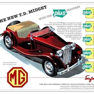 Może przedstawiać: Czerwony kabriolet sportowy MG TD Midget z lat 50. XX wieku z czarnym grillem i chromowanymi zderzakami. Samochód znajduje się na białym tle z tekstem "The New T.D. Midget with the plus features" i listą cech samochodu. Tekst zawiera również logo MG oraz nazwę i adres firmy.