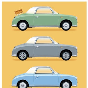 4  Nissan Figaro Classic Iconic Retro Roadster Car Illustration Art Profile Sideview Poster, Print, Souvenir, Gift, Poster, A4, A3, A2