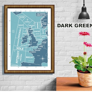 Shipping Forecast Regions, Map, Print, Souvenir, Gift, Poster, Choice of colours, A4, A3, A2 sizes dark green