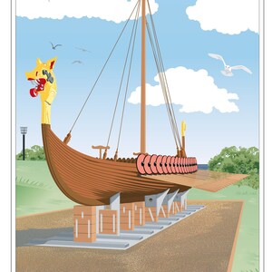 May include: A wooden Viking longship with a dragon head prow, on display at Pegwell Bay, Kent.