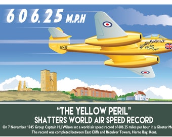 Style vintage des années 40, Gloster Meteor, Yellow Peril, Record du monde de vitesse air, affiche, avion, Herne Bay Kent, impression, cadeau rétro, A4, A3, A2