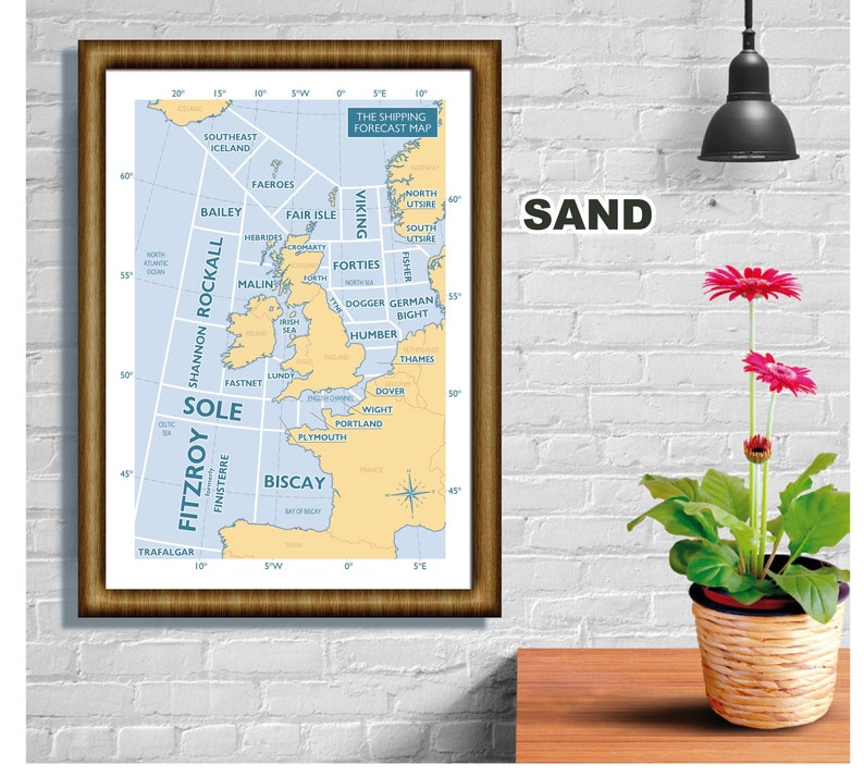 Shipping Forecast Regions, Map, Print, Souvenir, Gift, Poster, Choice of colours, A4, A3, A2 sizes sand