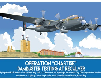 Reculver Towers Avro Lancaster Reculver Bomb Dambuster 617 Squadron Poster, avion, Herne Bay Kent, impression, cadeau rétro, formats A4, A3, A2