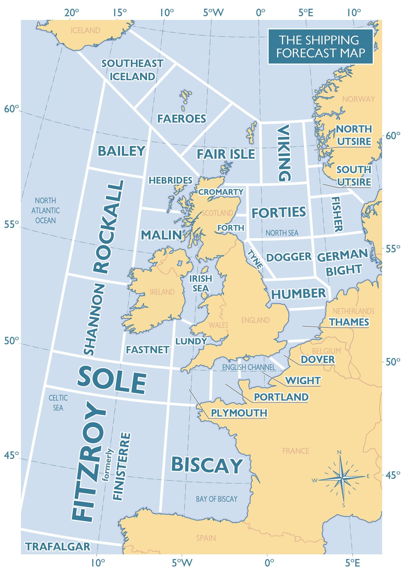 Shipping Forecast Regions, Map, Print, Souvenir, Gift, Poster, Choice
