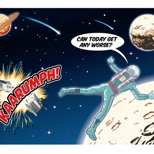 Impresión de póster de arte pop espacial, Astronauta, Cohete, Planetas del universo, ¡Kaarumph!, Impresión vintage, Pared de arte pop, Póster de arte pop, Arte de pared retro,