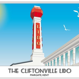 Margate Lido CLiftonville Art Deco Beacon Schwimmen Cifton Baths Seaside Kent Vintage 1920er Jahre Reise/Eisenbahn Poster Retro A4, A3, A2 Größen