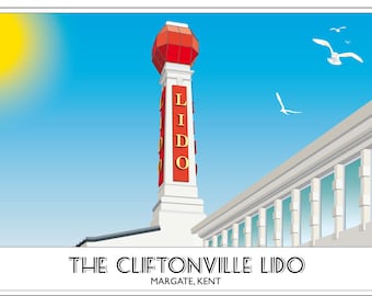 Margate Lido Cliftonville Art Deco Beacon Swimming Clifton Baths Seaside Kent Vintage 1920's Travel/Railway Poster Retro A4, A3, A2 sizes