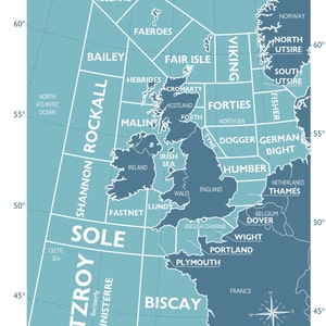 Shipping Forecast Regions, Map, Print, Souvenir, Gift, Poster, Choice of colours, A4, A3, A2 sizes image 2