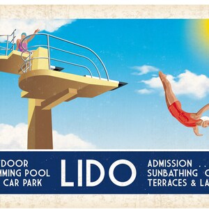 Lido Baños al aire libre Piscina Art Déco junto al mar Vintage de los años 20 Viajes/Ferrocarril Estilo desgastado Póster Retro Tamaños A4, A3, A2